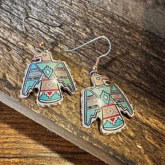 Handcrafted Boho Copper Earrings, Southwestern Thunderbird Wire Earrings, Gift - Picture 4 of 9